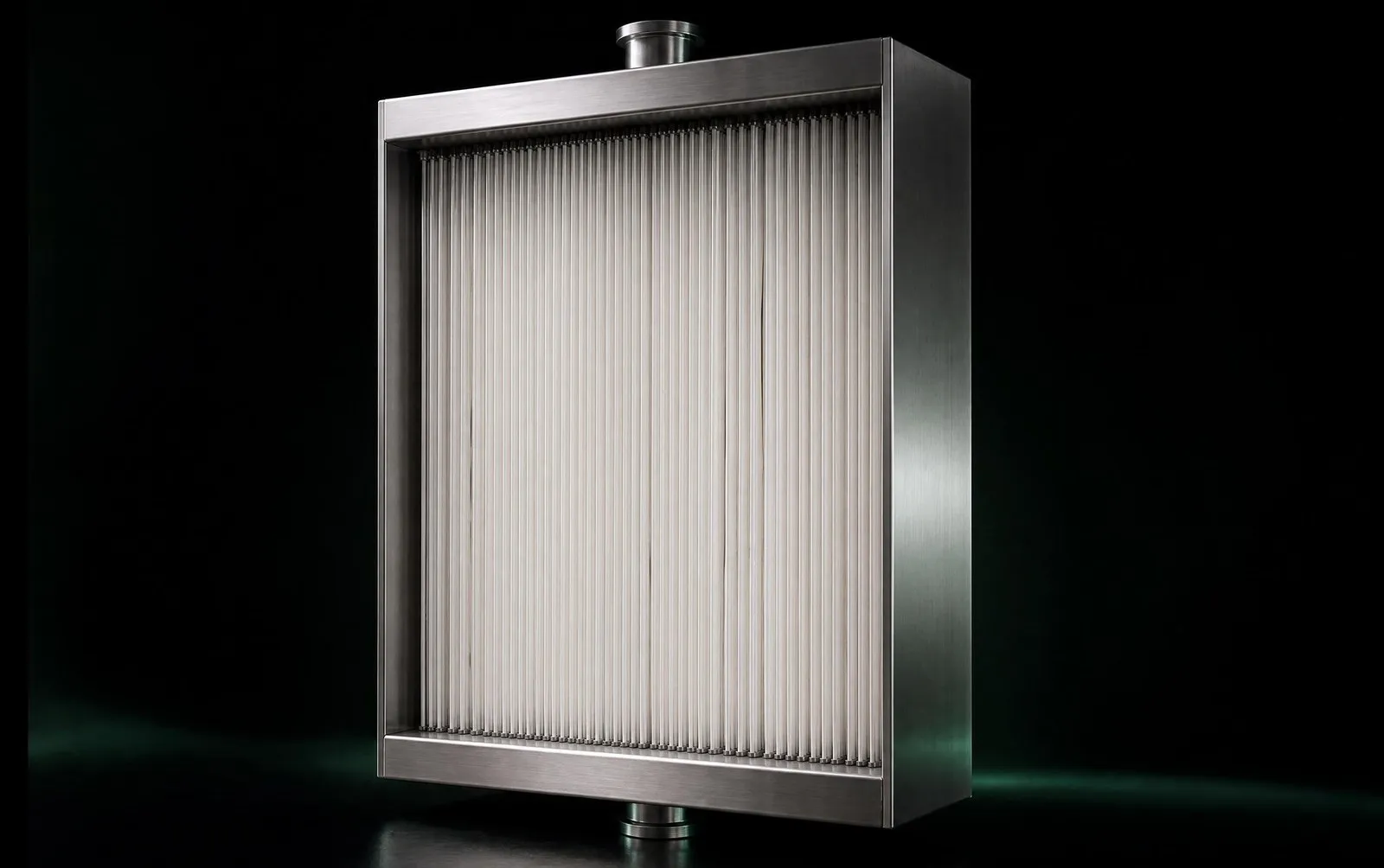 Render of a NeoCarbon Hollow Fiber cartridge: a brushed-steel frame holding an array of white fibers, with water ports on top and bottom
