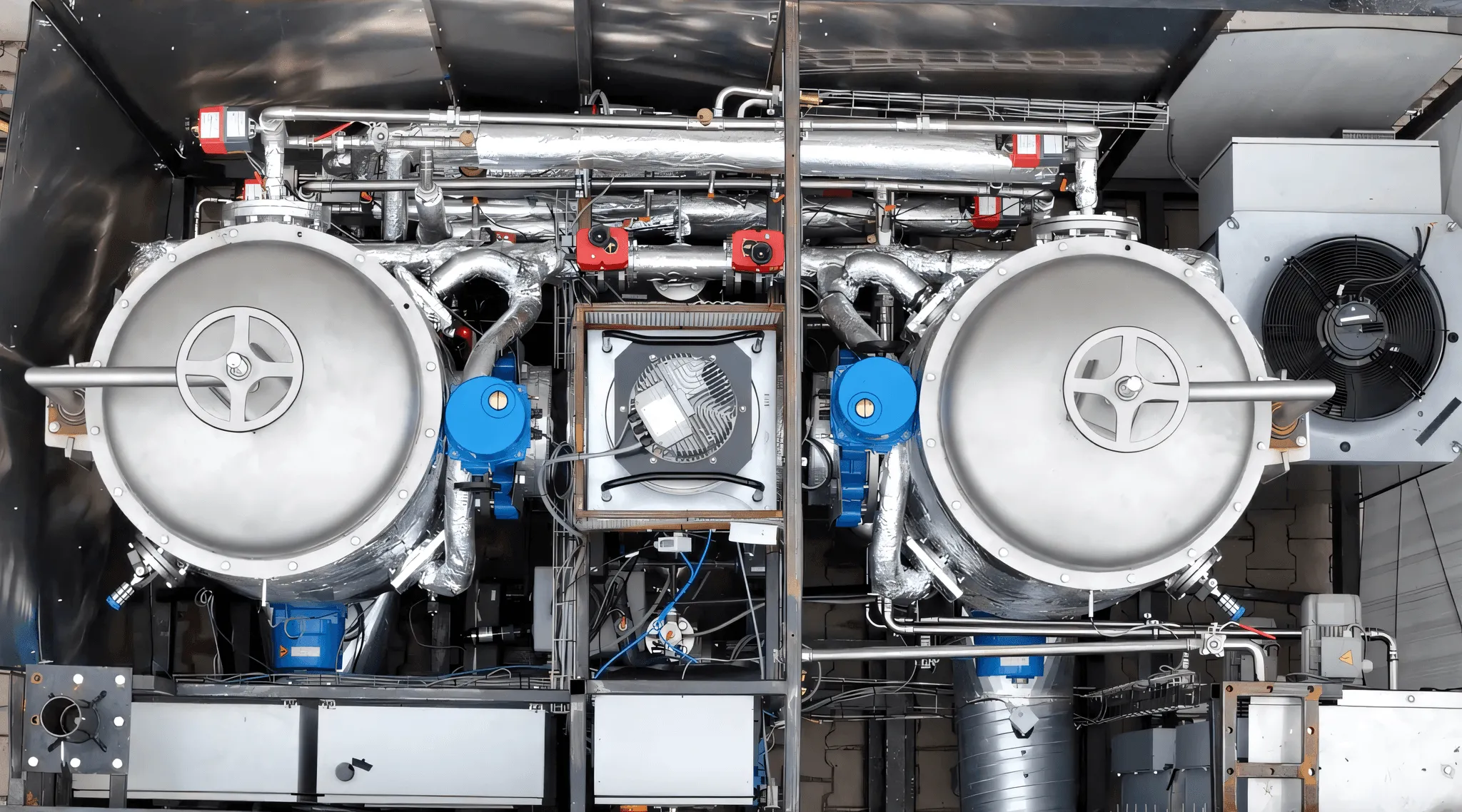 Top-down view into a NeoCarbon unit: stainless steel capture vessels, insulated piping and pumps
