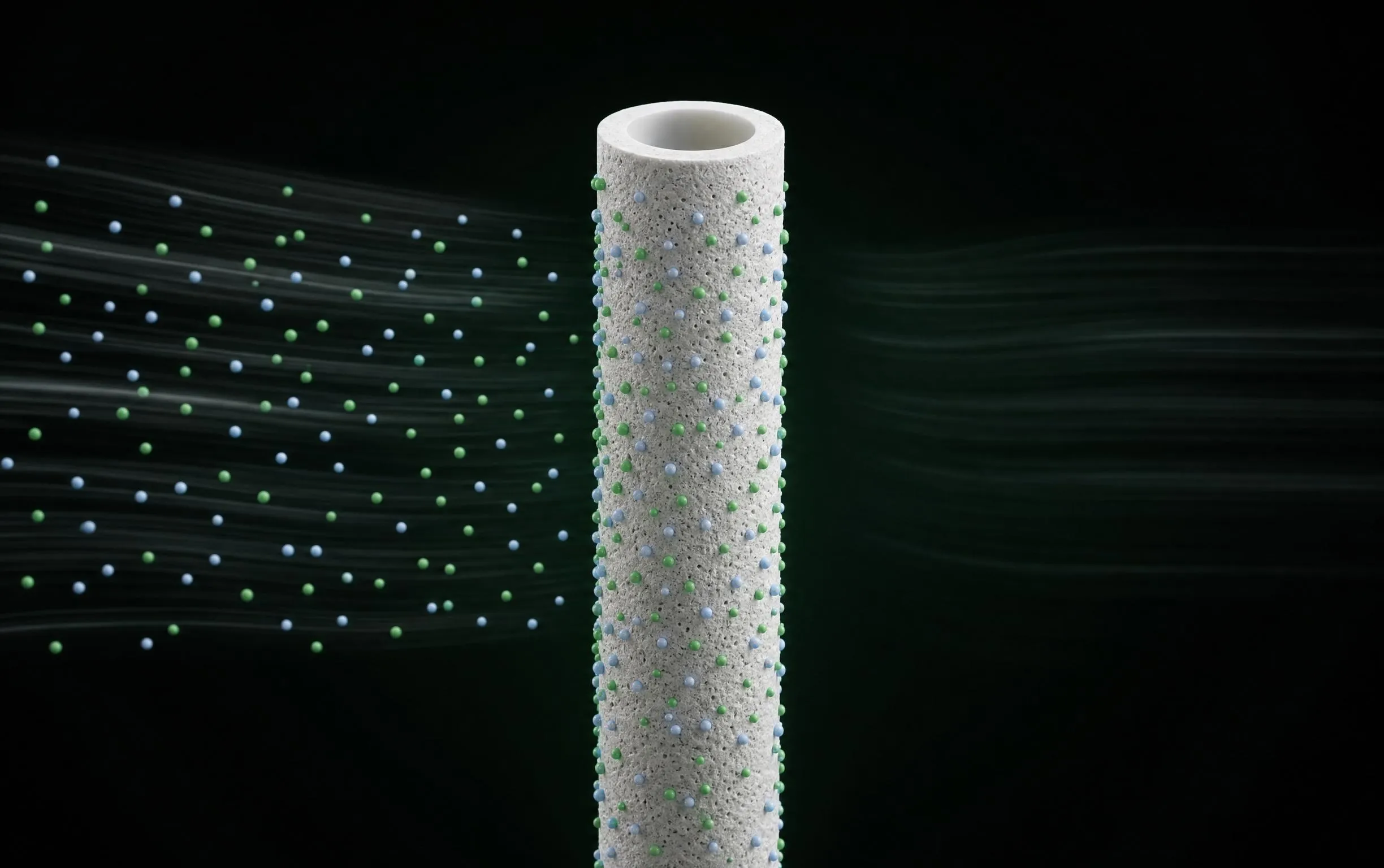 Render of a single hollow fiber: air streams past it while CO₂ and water molecules bind to its porous outer surface