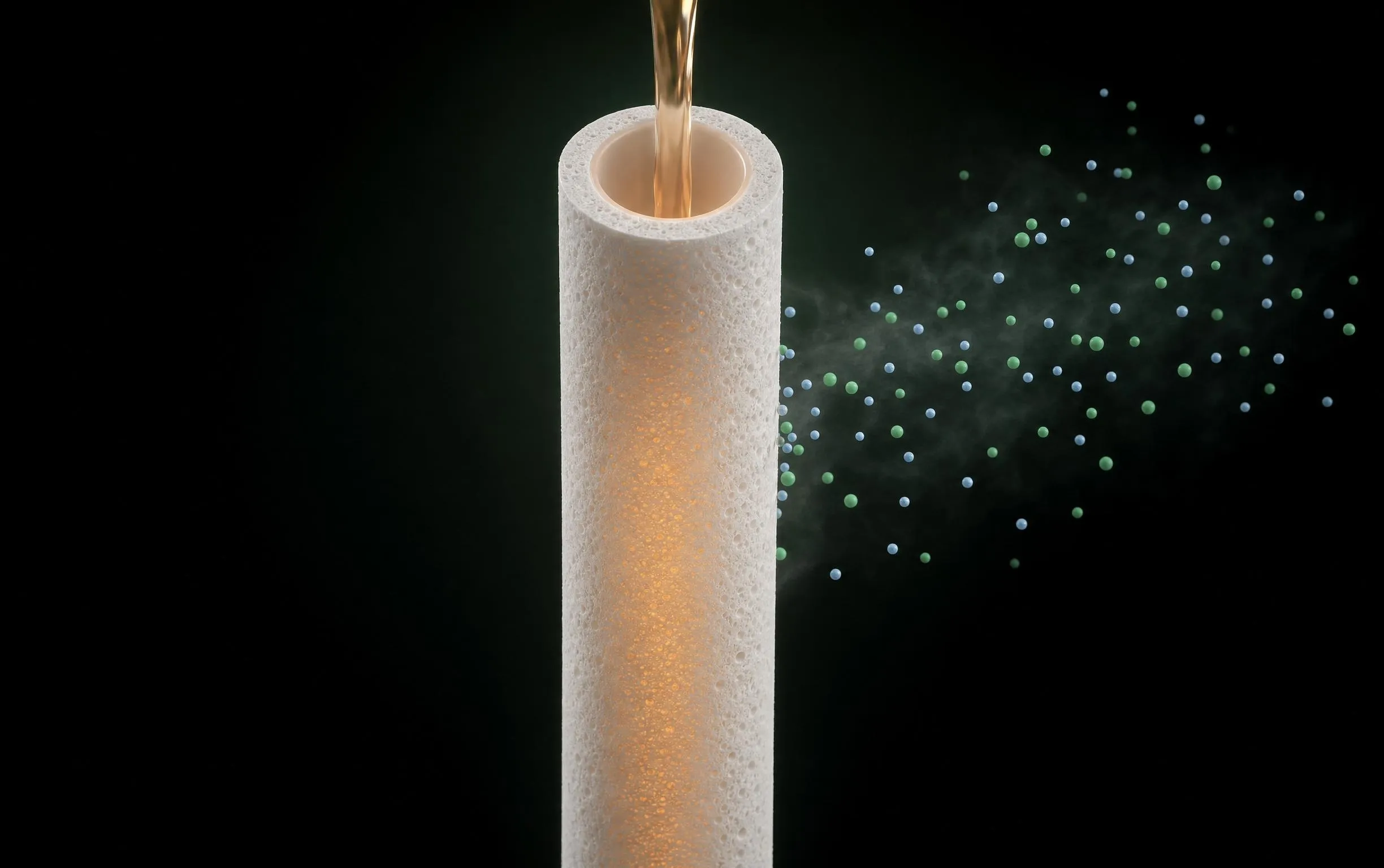 Render of a single hollow fiber with warm water glowing inside its core while gaseous CO₂ and water release from its surface
